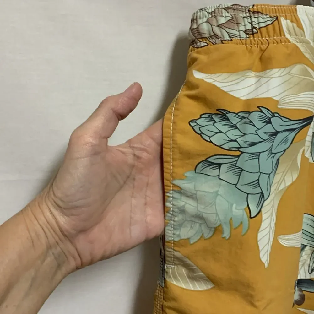 Tommy Bahama Relax Men's Gold Blue Tropical Print Drawstring Swim Trunks Sz XXL